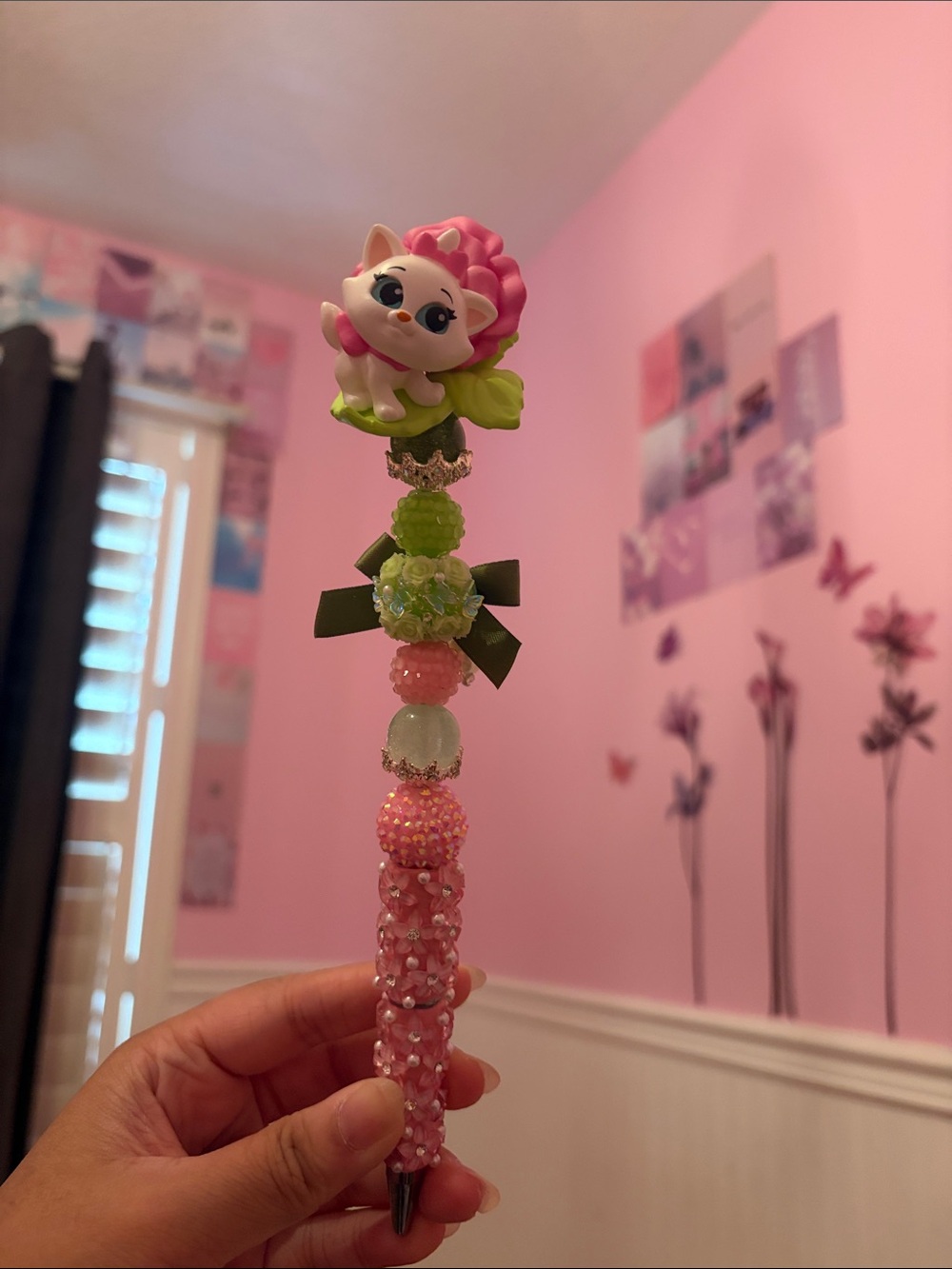 Marie Flower Cat Beaded Pen - Cute Pink and Green Accent